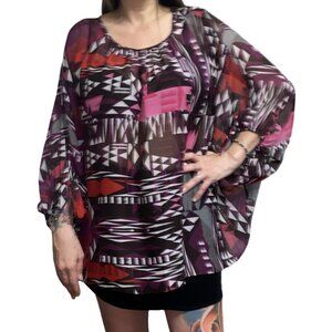 One Size*Savannah Rae*Burgundy/Red Abstract-Print Semi-Sheer Blouse
